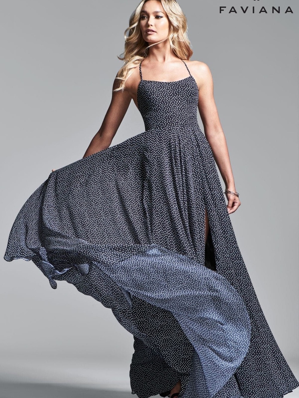 Faviana Navy and White Polka Dot Spaghetti-Strap Maxi Dress